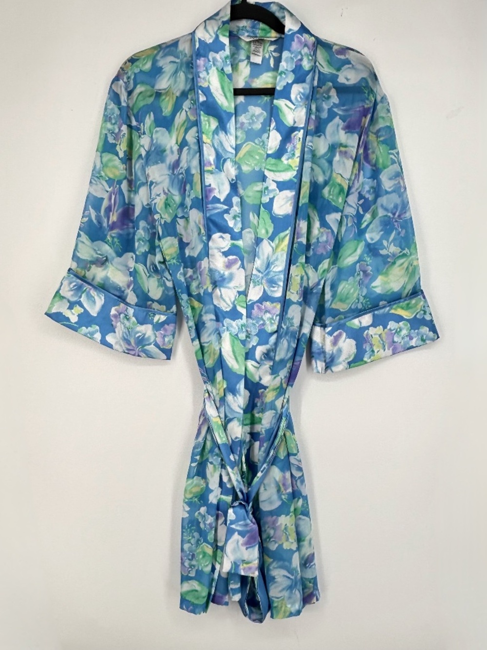 Delicates Womens 1X Wrap Bathrobe Sheer Blue Green Floral Print Removable Belt
